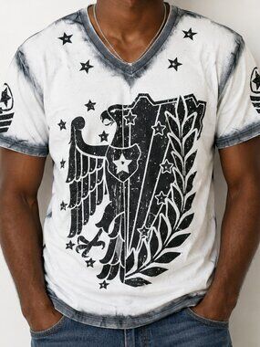 Rush Couture Men's V-neck Tee Shirt White Black Studded Size Large Graphic Y2K